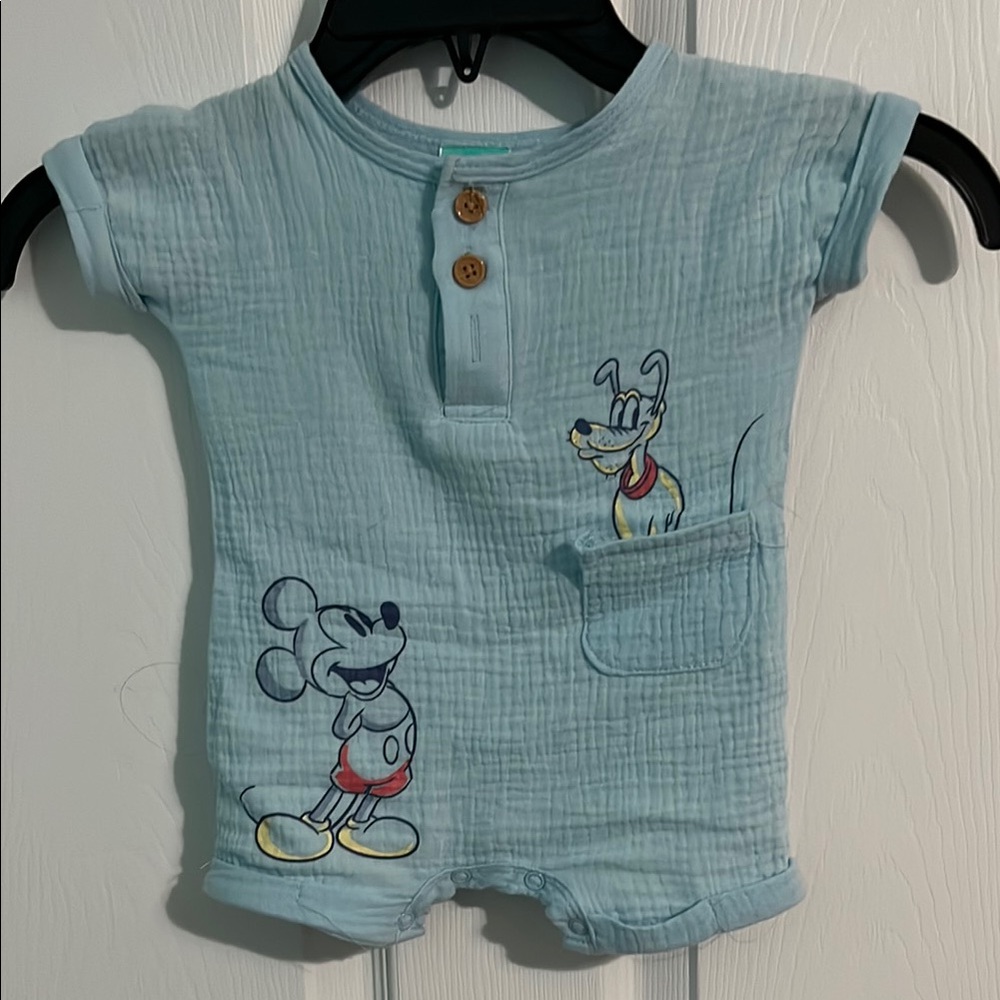 Disney Baby Blue Romper with Mickey and Pluto Design